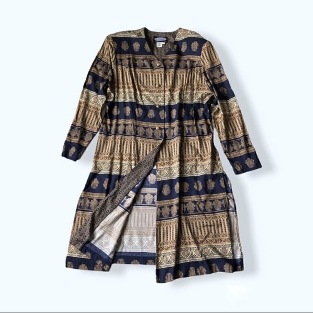 Vintage 80s Clues Collection Baroque Print Duster Robe Jacket Navy Tan XL - Picture 2 of 14